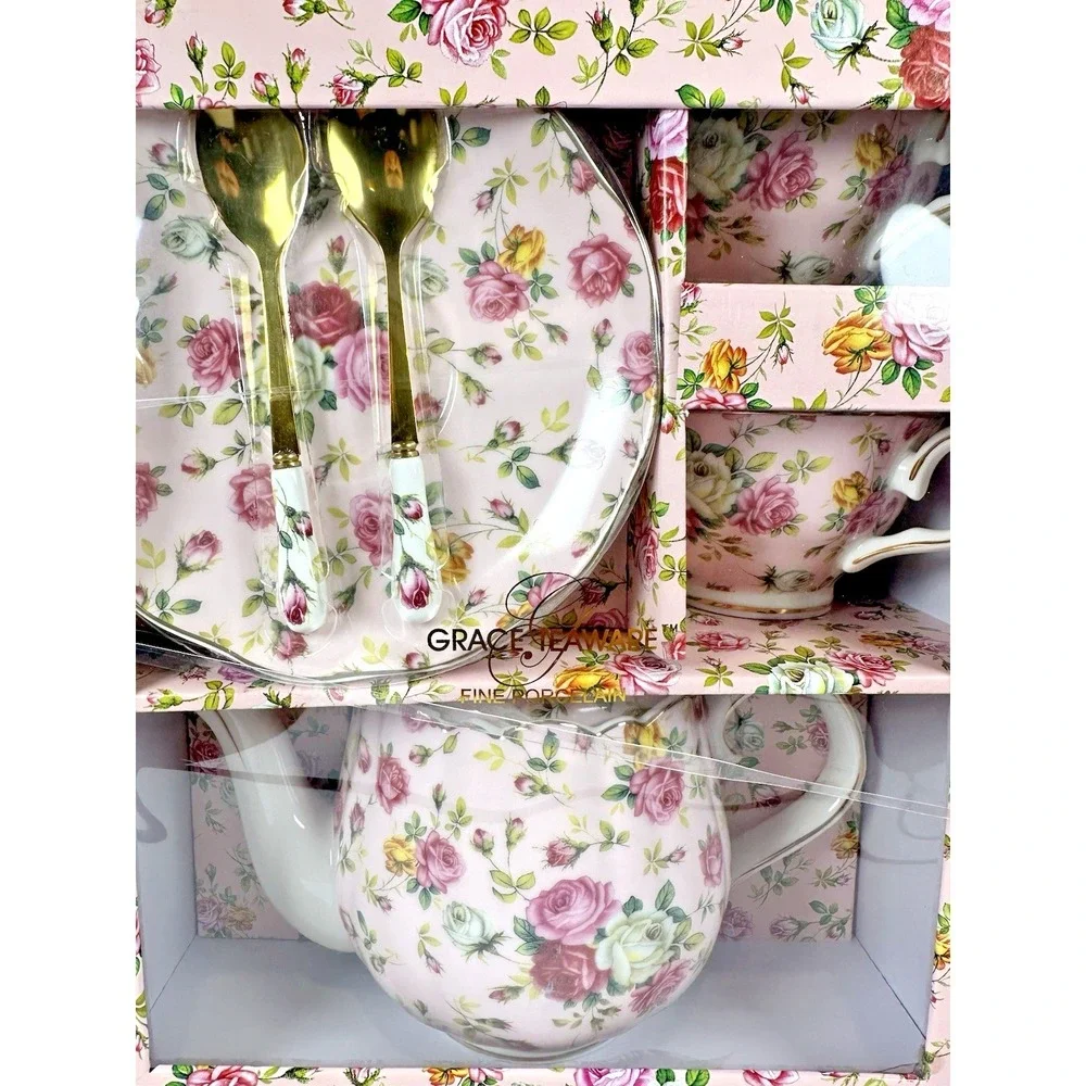 Grace Teaware Pink Vintage Rose 7 Piece Tea Time Gift Set Teapot Cups Saucers Ne